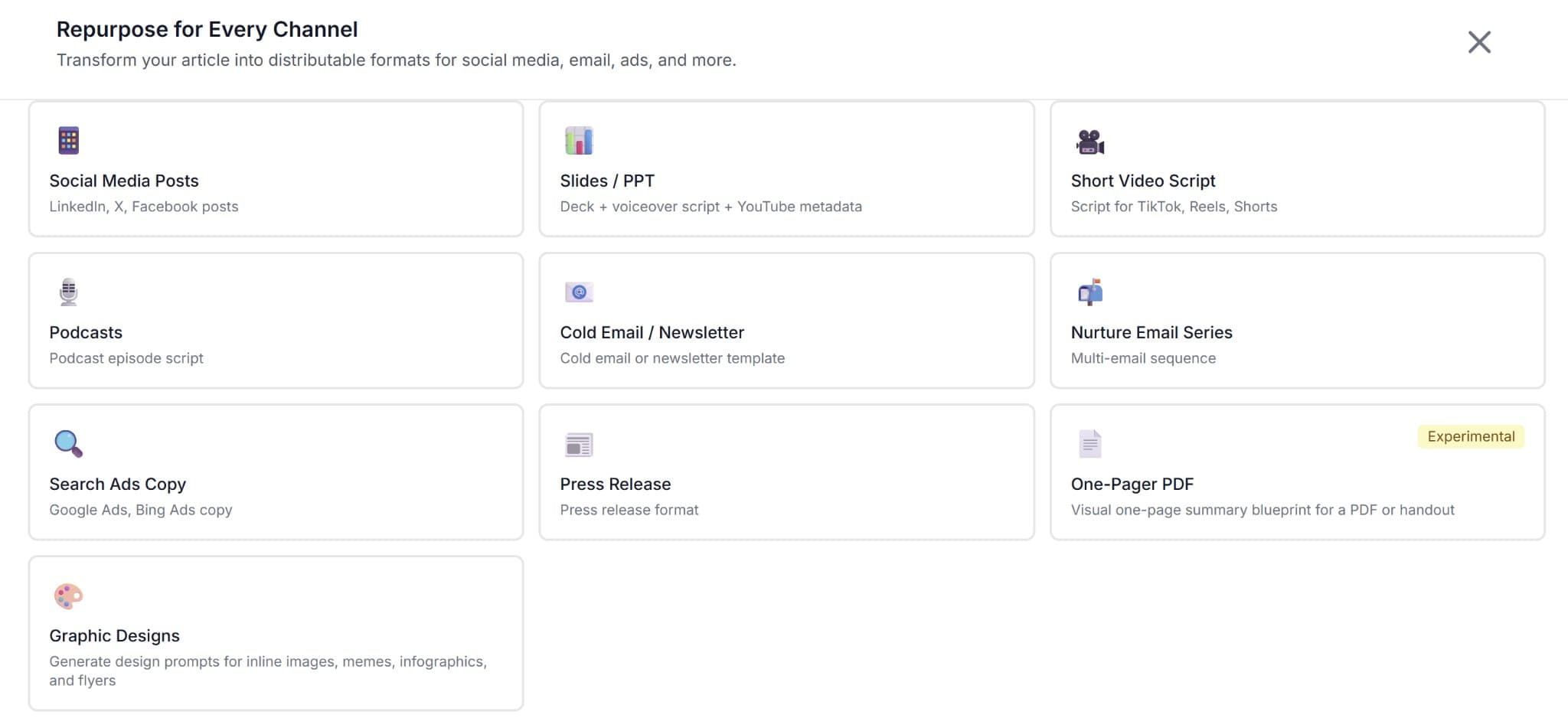 Repurpose for Every Channel - Transform your article into social posts, slides, videos, emails, and more